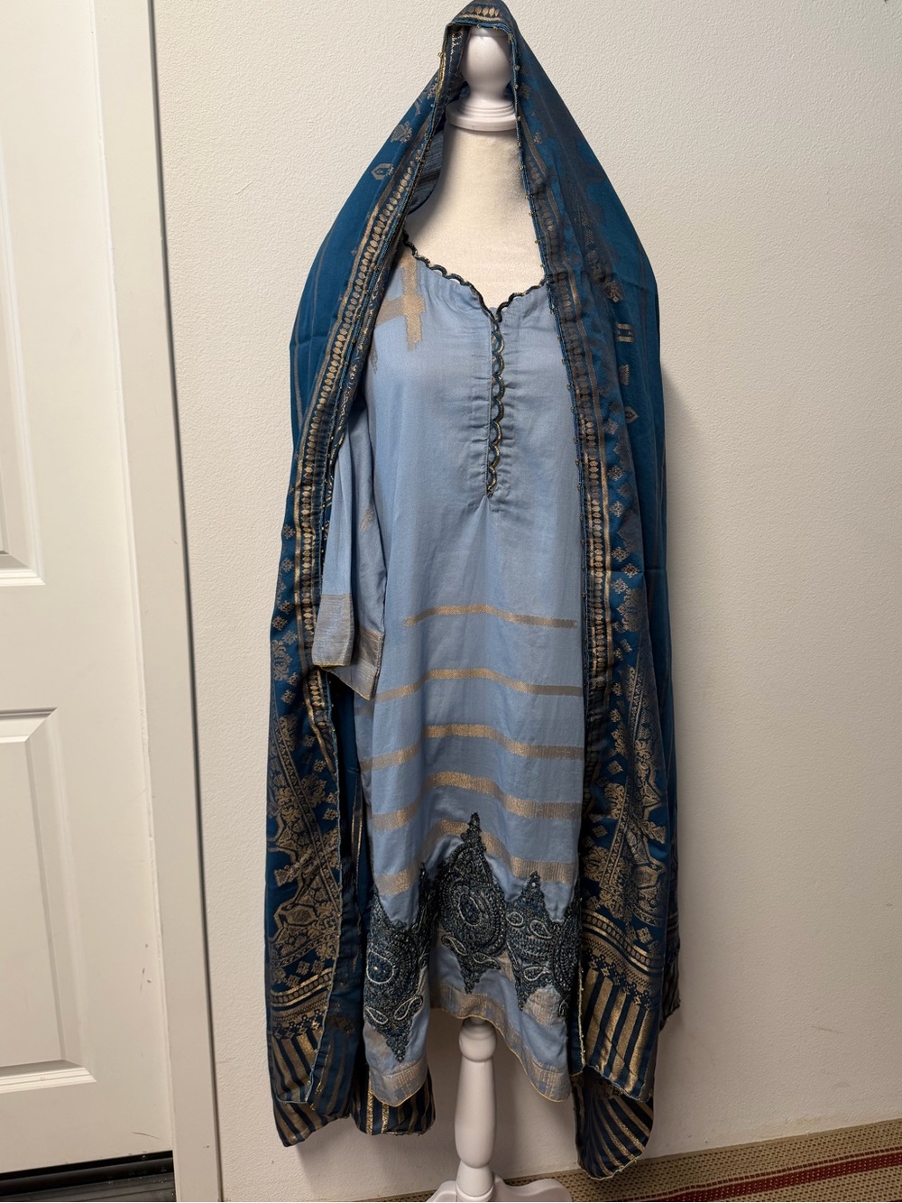 Pakistani 3 Piece Blue & Teal Embroidered Winter Fall Shalwar Kameez Suit